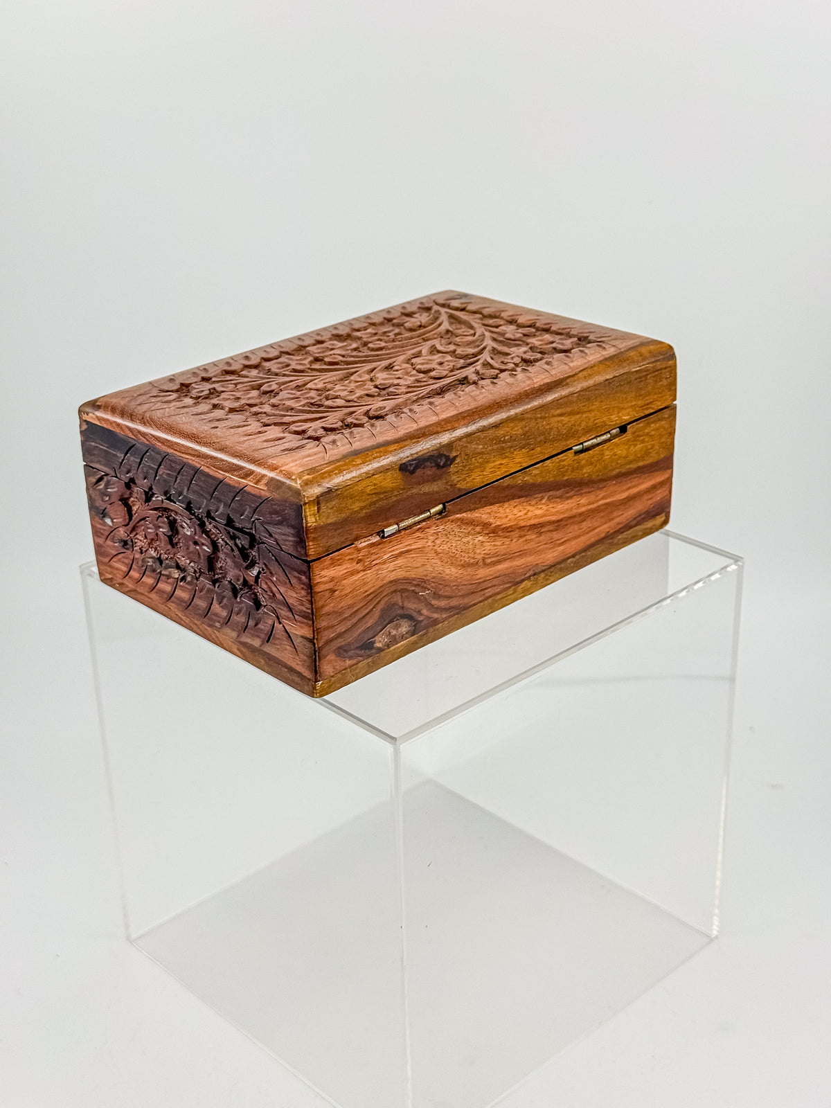Vintage Hand-Carved Wooden Trinket Box with Floral Design and Red Lining