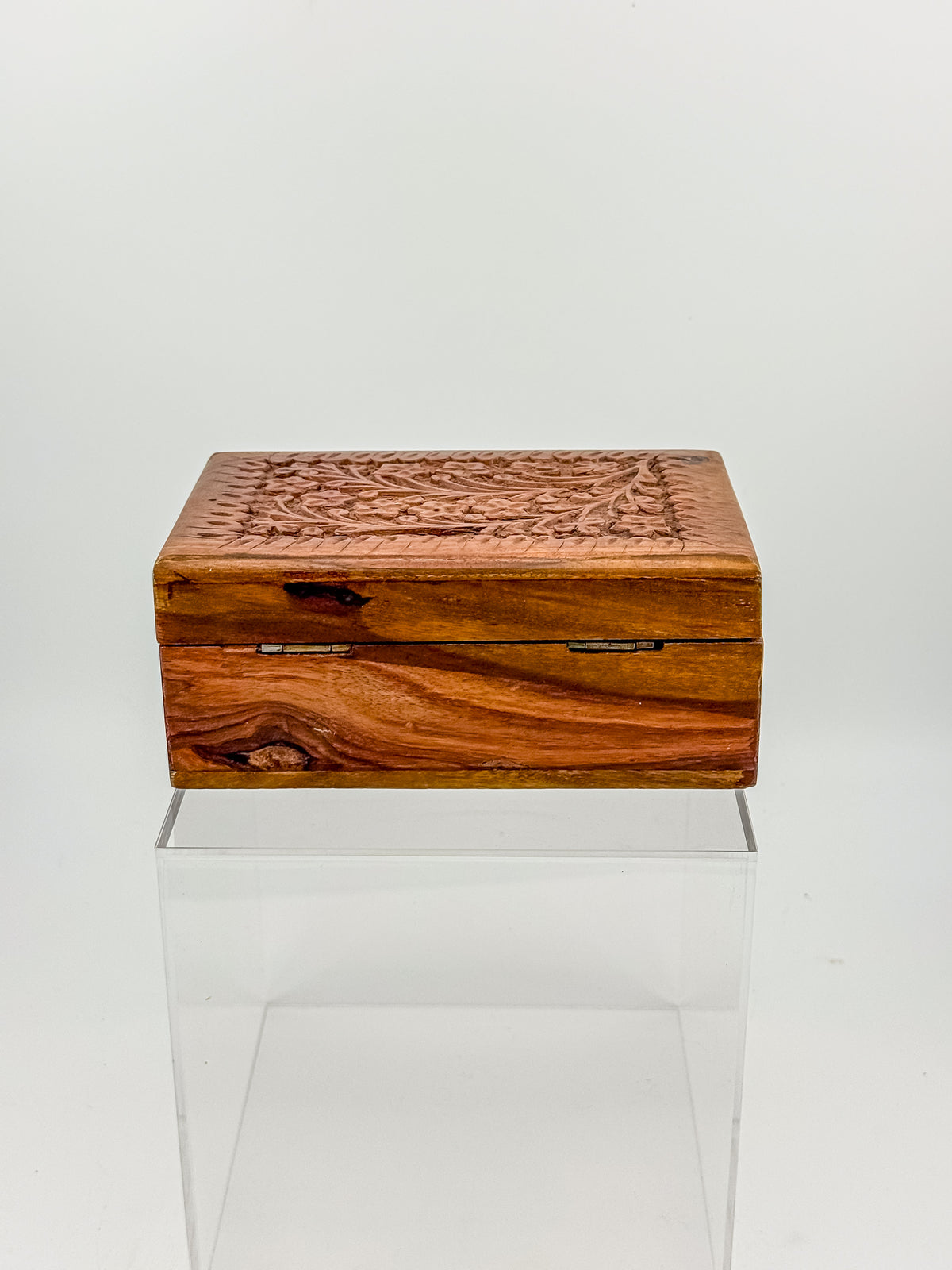Vintage Hand-Carved Wooden Trinket Box with Floral Design and Red Lining
