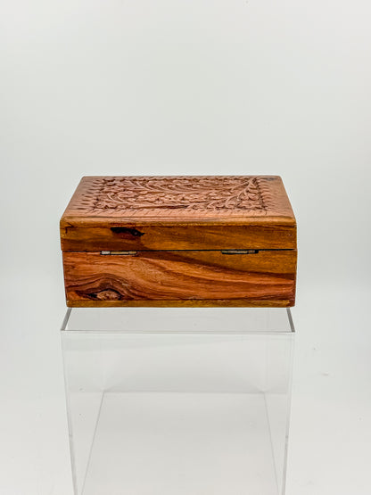 Vintage Hand-Carved Wooden Trinket Box with Floral Design and Red Lining