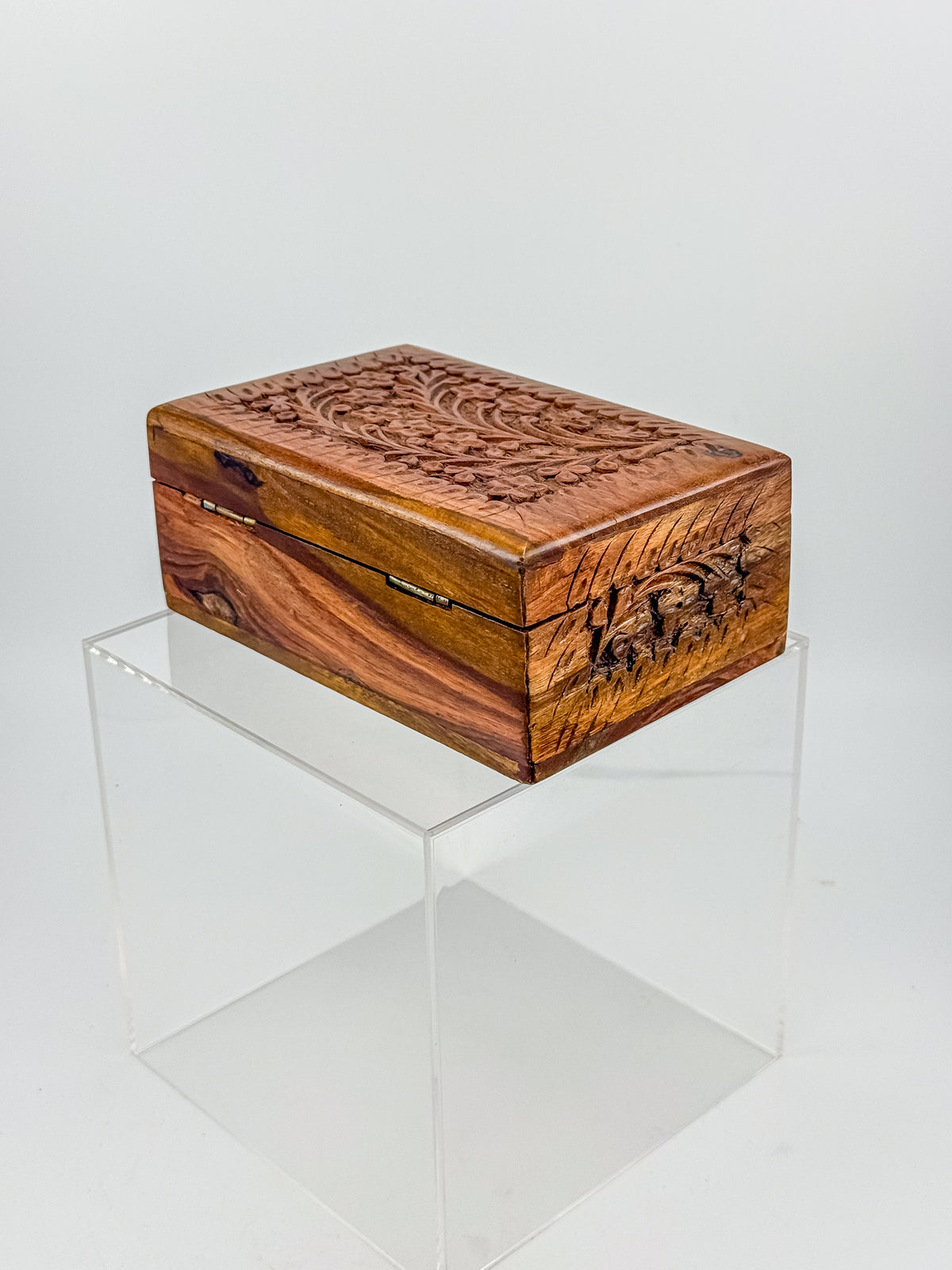 Vintage Hand-Carved Wooden Trinket Box with Floral Design and Red Lining