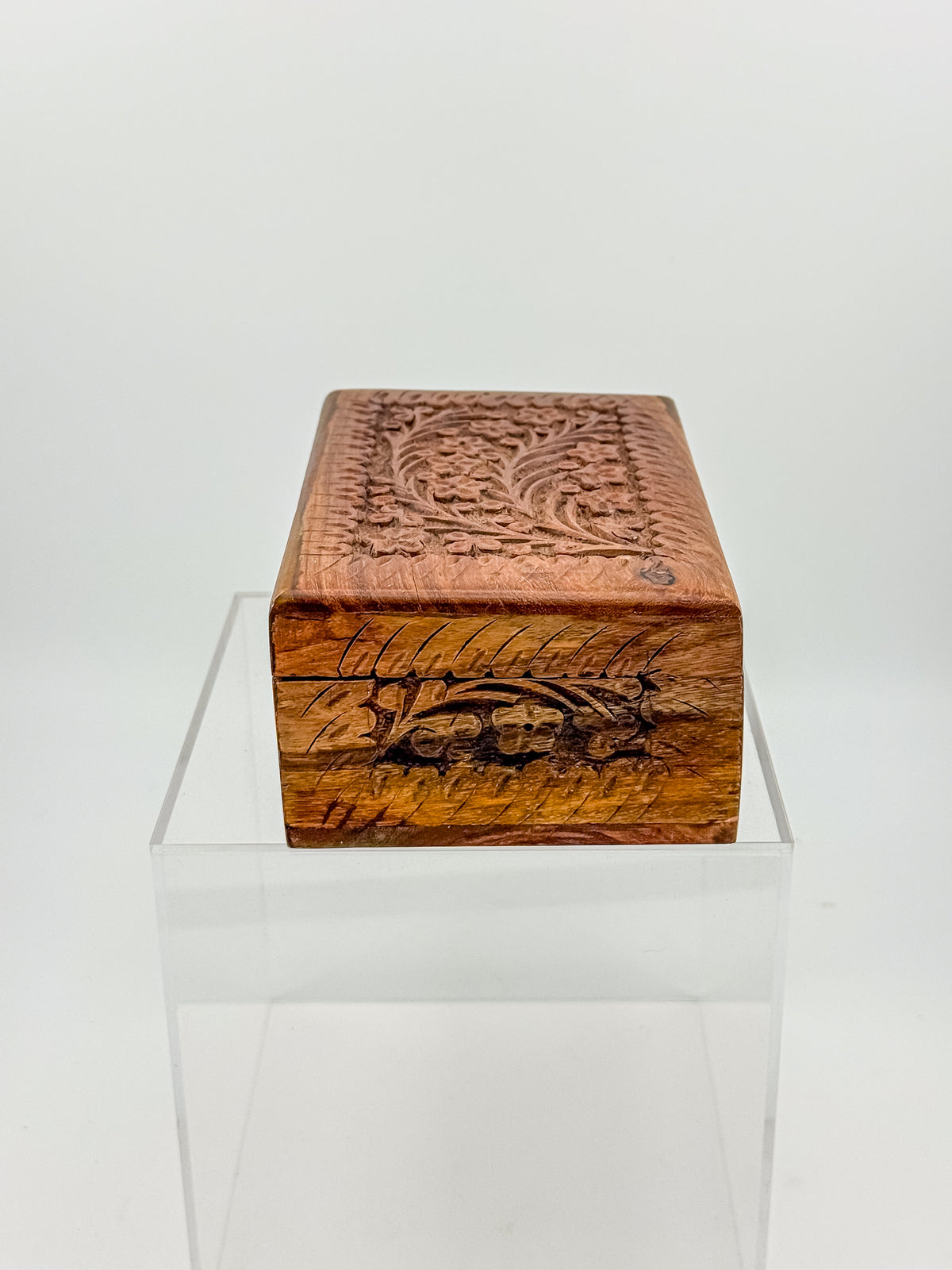 Vintage Hand-Carved Wooden Trinket Box with Floral Design and Red Lining