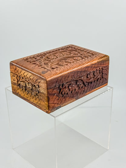 Vintage Hand-Carved Wooden Trinket Box with Floral Design and Red Lining