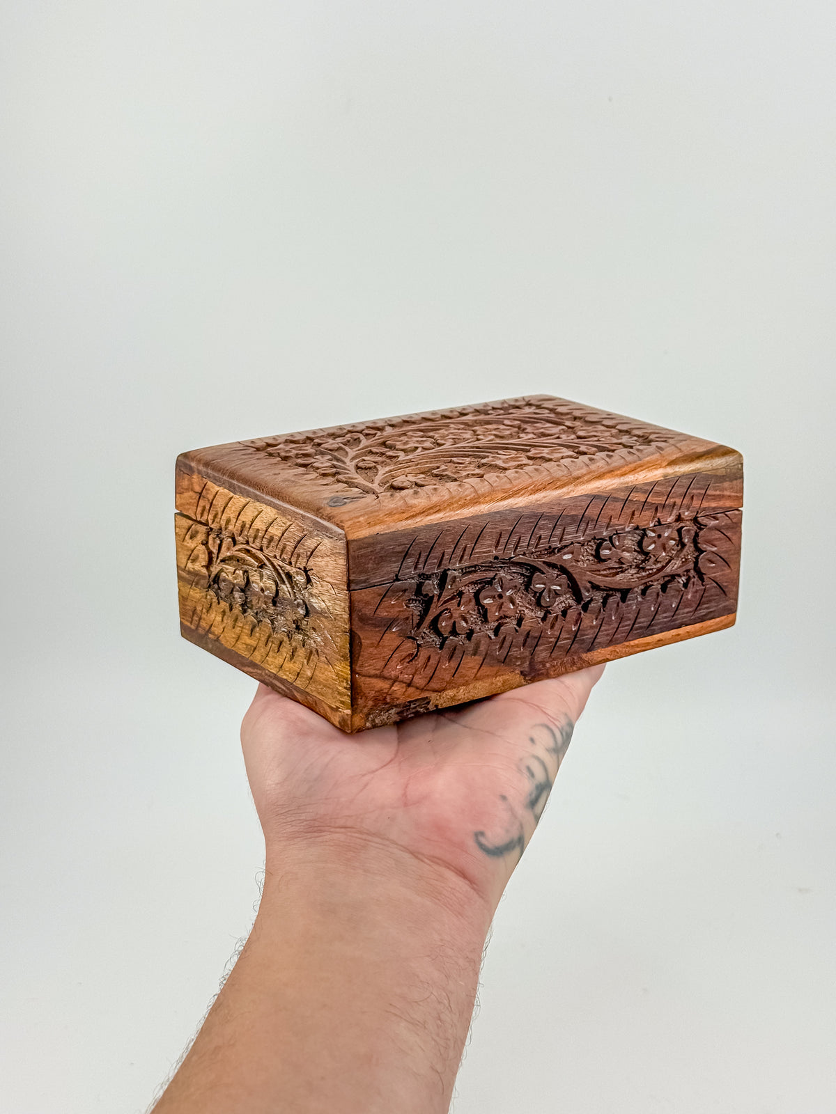 Vintage Hand-Carved Wooden Trinket Box with Floral Design and Red Lining