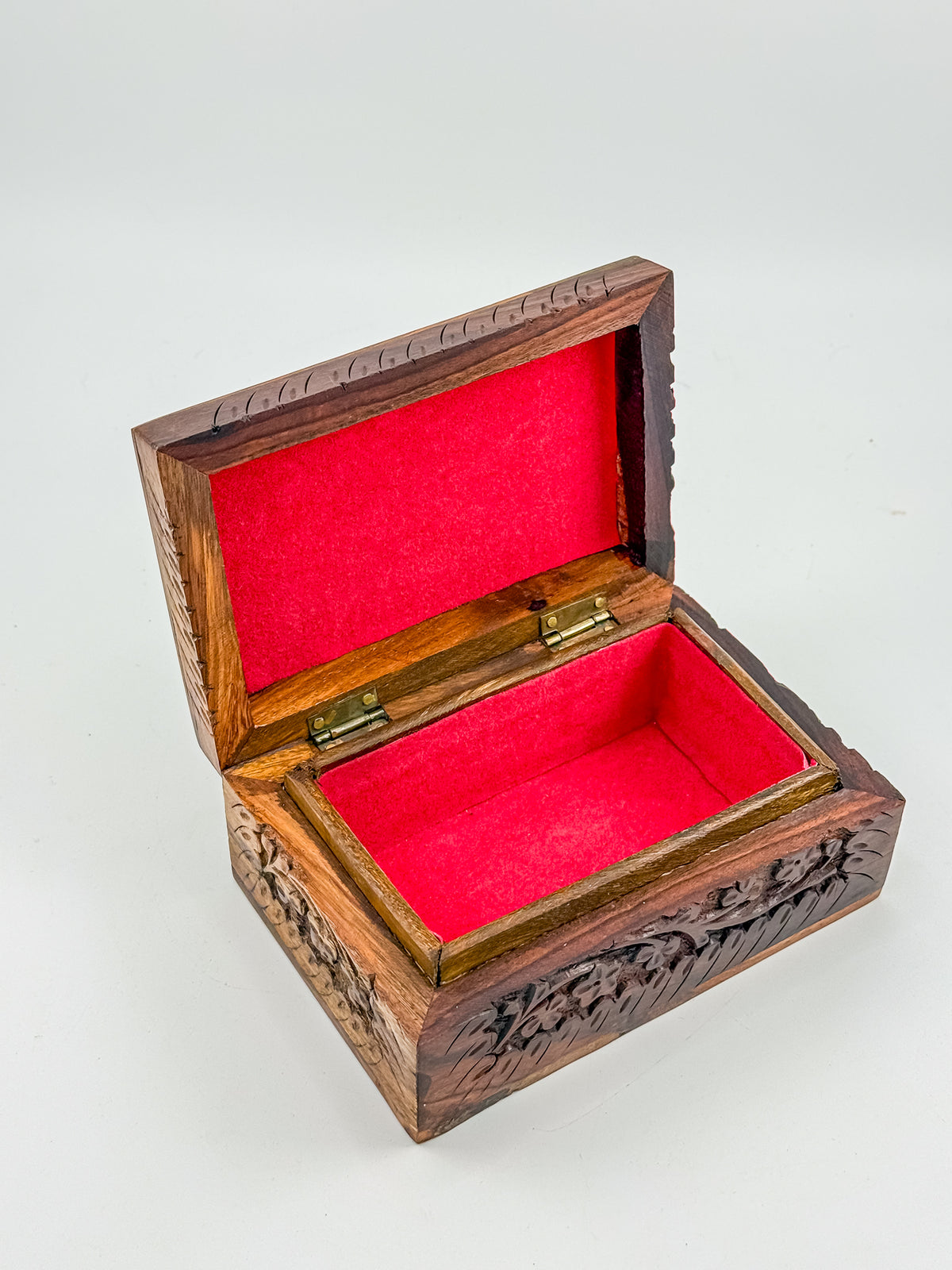 Vintage Hand-Carved Wooden Trinket Box with Floral Design and Red Lining