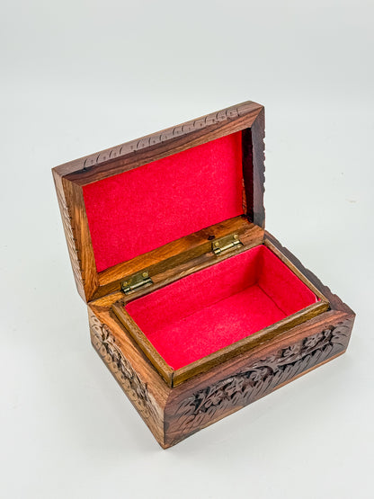 Vintage Hand-Carved Wooden Trinket Box with Floral Design and Red Lining