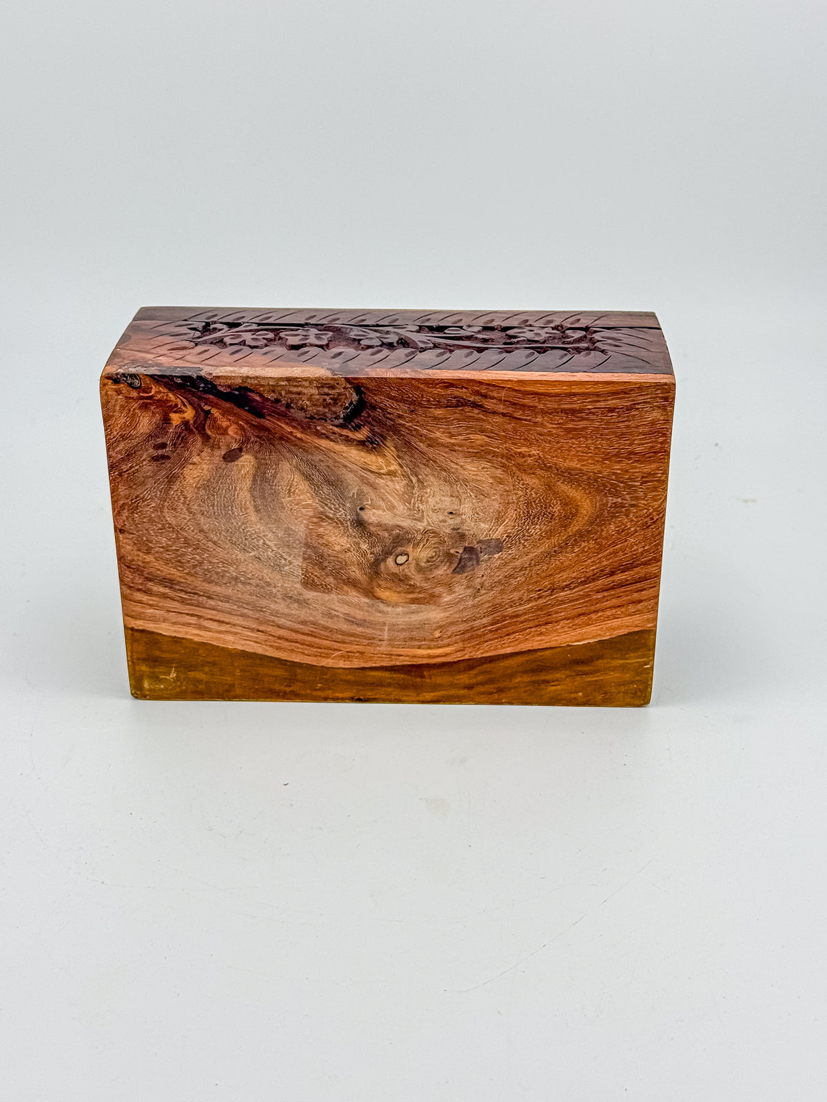 Vintage Hand-Carved Wooden Trinket Box with Floral Design and Red Lining