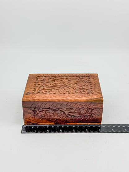 Vintage Hand-Carved Wooden Trinket Box with Floral Design and Red Lining