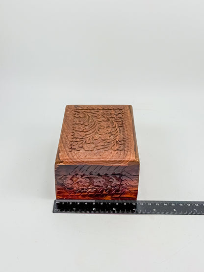 Vintage Hand-Carved Wooden Trinket Box with Floral Design and Red Lining