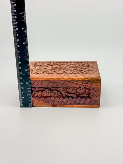 Vintage Hand-Carved Wooden Trinket Box with Floral Design and Red Lining