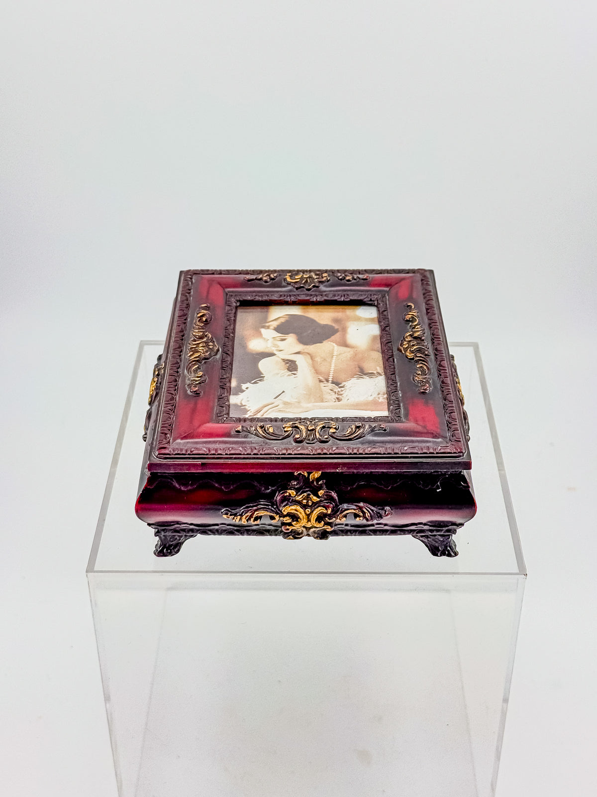 Vintage Ornate Florentine Style Jewelry Box with Built-In Photo Frame Lid, Burgundy Finish and Gold Filigree