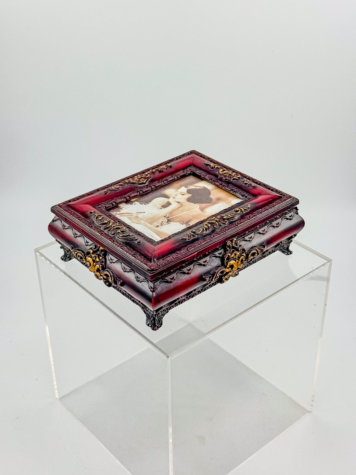 Vintage Ornate Florentine Style Jewelry Box with Built-In Photo Frame Lid, Burgundy Finish and Gold Filigree