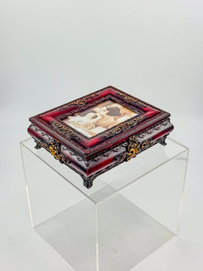 Vintage Ornate Florentine Style Jewelry Box with Built-In Photo Frame Lid, Burgundy Finish and Gold Filigree