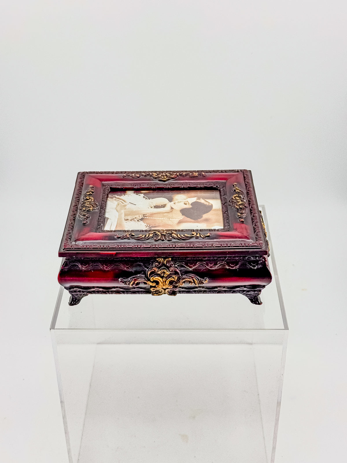 Vintage Ornate Florentine Style Jewelry Box with Built-In Photo Frame Lid, Burgundy Finish and Gold Filigree