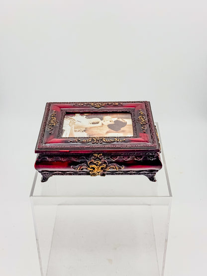 Vintage Ornate Florentine Style Jewelry Box with Built-In Photo Frame Lid, Burgundy Finish and Gold Filigree