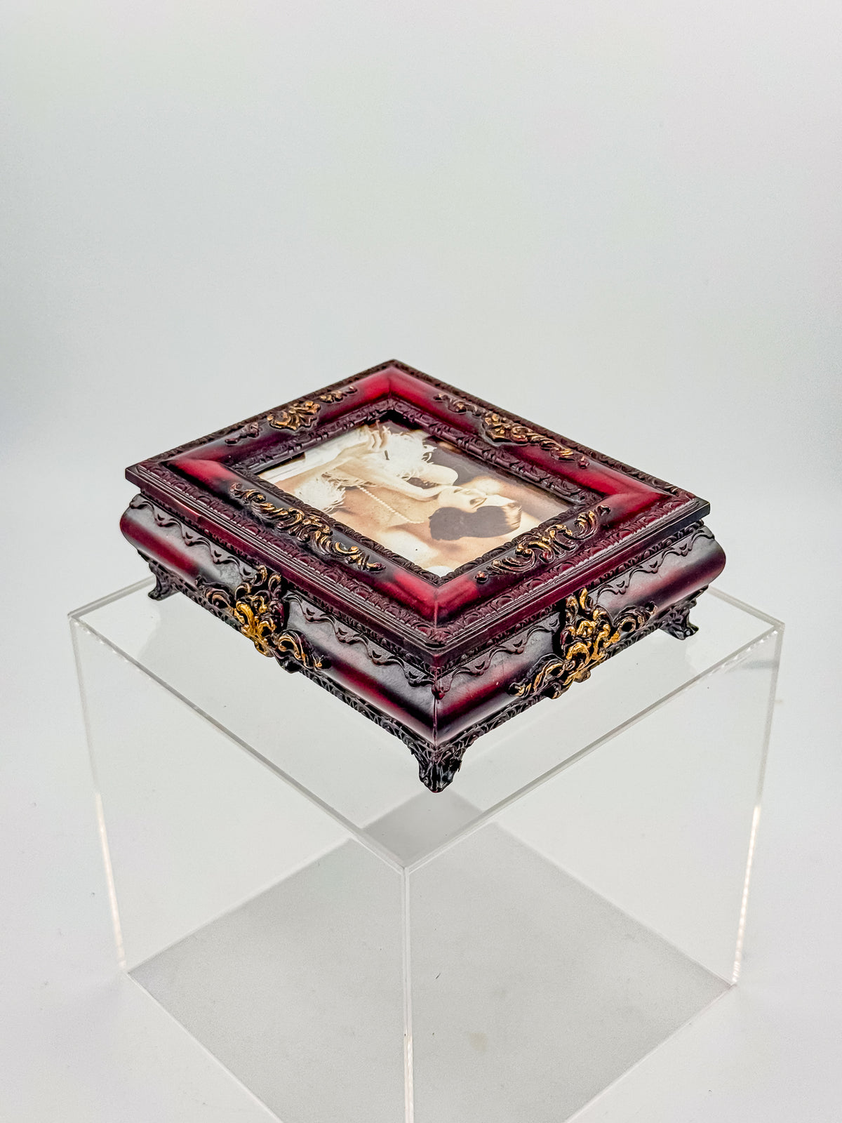 Vintage Ornate Florentine Style Jewelry Box with Built-In Photo Frame Lid, Burgundy Finish and Gold Filigree