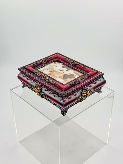 Vintage Ornate Florentine Style Jewelry Box with Built-In Photo Frame Lid, Burgundy Finish and Gold Filigree