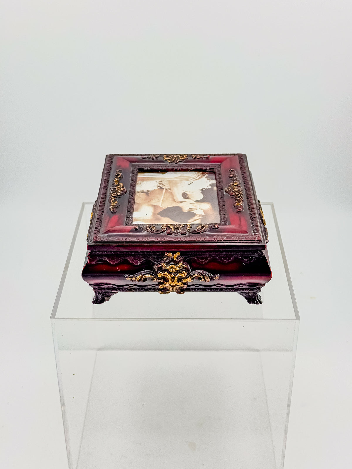 Vintage Ornate Florentine Style Jewelry Box with Built-In Photo Frame Lid, Burgundy Finish and Gold Filigree