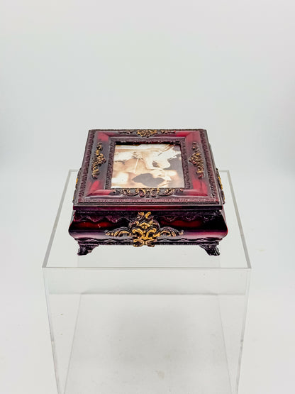 Vintage Ornate Florentine Style Jewelry Box with Built-In Photo Frame Lid, Burgundy Finish and Gold Filigree