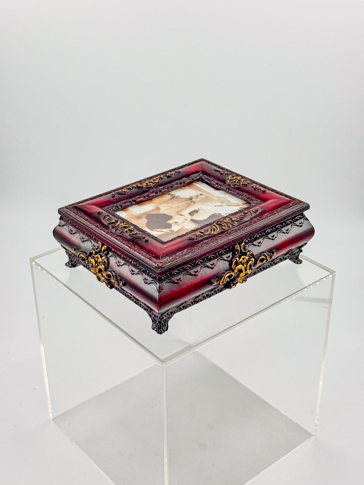 Vintage Ornate Florentine Style Jewelry Box with Built-In Photo Frame Lid, Burgundy Finish and Gold Filigree