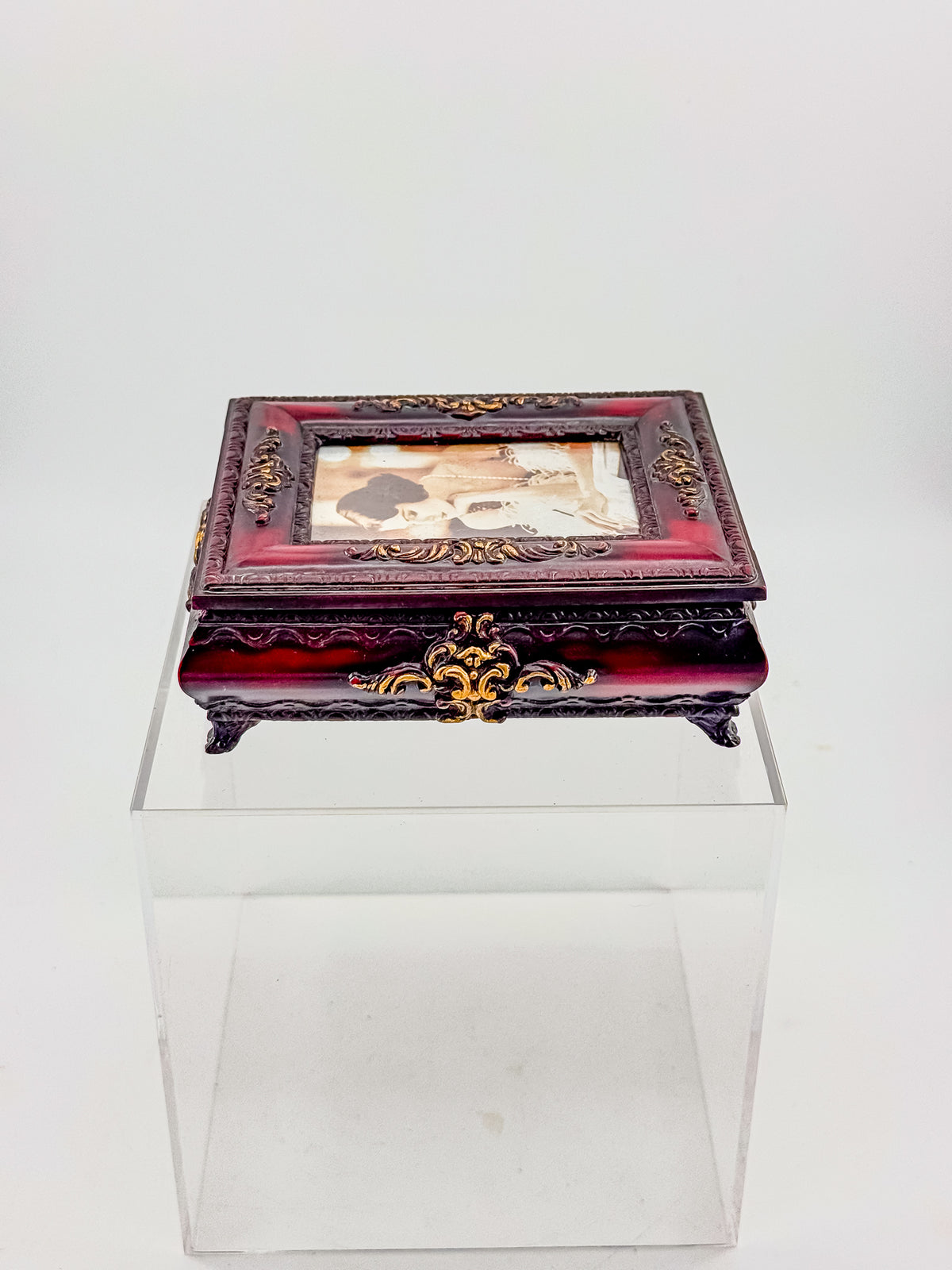 Vintage Ornate Florentine Style Jewelry Box with Built-In Photo Frame Lid, Burgundy Finish and Gold Filigree