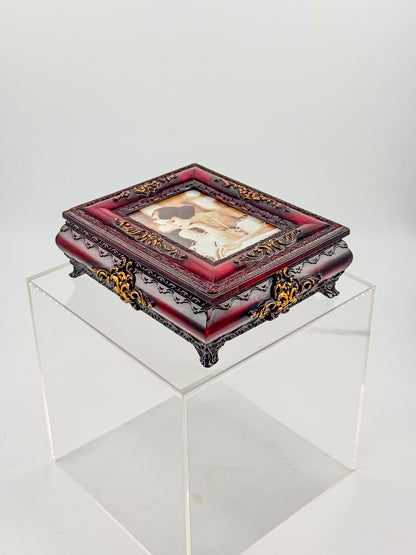 Vintage Ornate Florentine Style Jewelry Box with Built-In Photo Frame Lid, Burgundy Finish and Gold Filigree