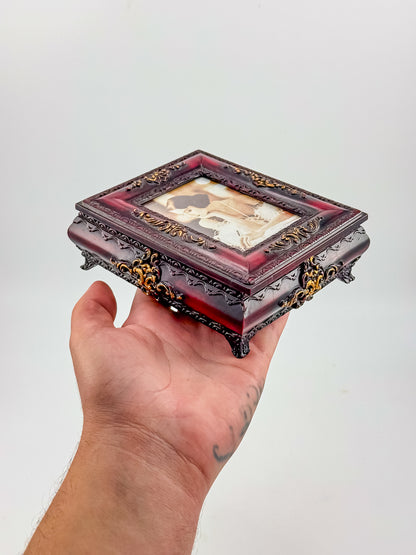 Vintage Ornate Florentine Style Jewelry Box with Built-In Photo Frame Lid, Burgundy Finish and Gold Filigree