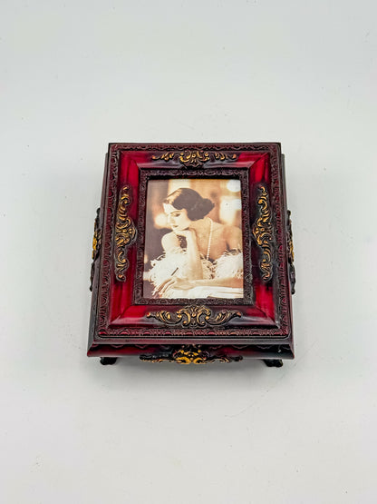 Vintage Ornate Florentine Style Jewelry Box with Built-In Photo Frame Lid, Burgundy Finish and Gold Filigree