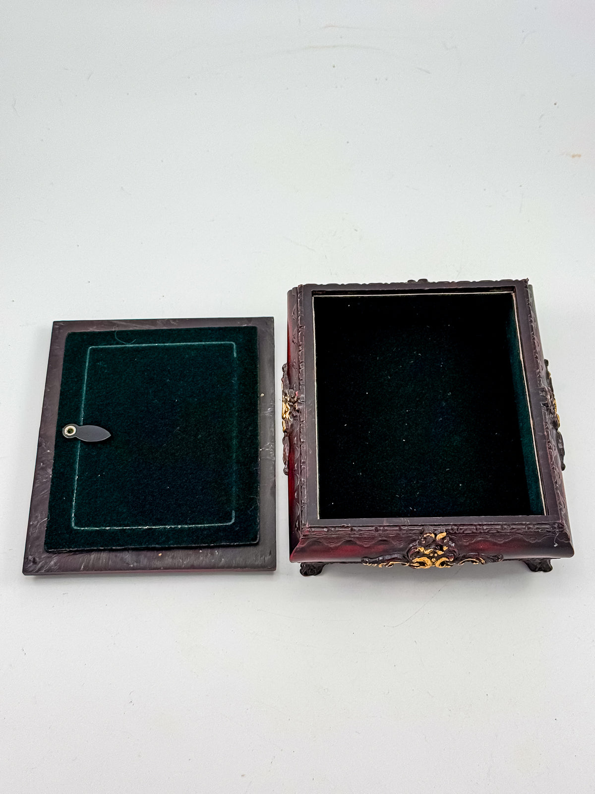 Vintage Ornate Florentine Style Jewelry Box with Built-In Photo Frame Lid, Burgundy Finish and Gold Filigree