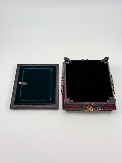 Vintage Ornate Florentine Style Jewelry Box with Built-In Photo Frame Lid, Burgundy Finish and Gold Filigree