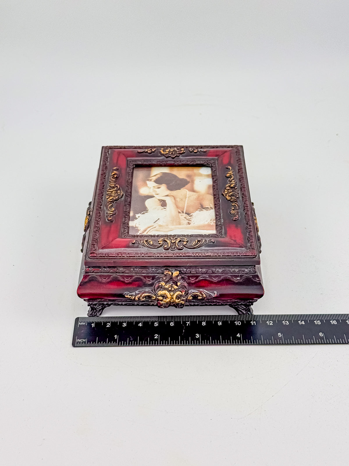 Vintage Ornate Florentine Style Jewelry Box with Built-In Photo Frame Lid, Burgundy Finish and Gold Filigree