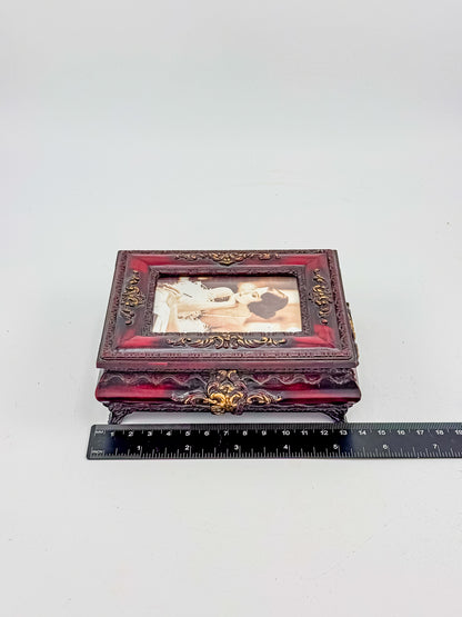 Vintage Ornate Florentine Style Jewelry Box with Built-In Photo Frame Lid, Burgundy Finish and Gold Filigree
