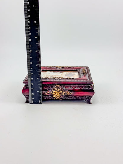 Vintage Ornate Florentine Style Jewelry Box with Built-In Photo Frame Lid, Burgundy Finish and Gold Filigree