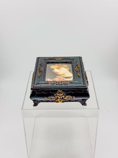 Vintage Florentine Style Ornate Jewelry Box with Built-In Photo Frame Lid, Dark Green Finish and Gold Filigree