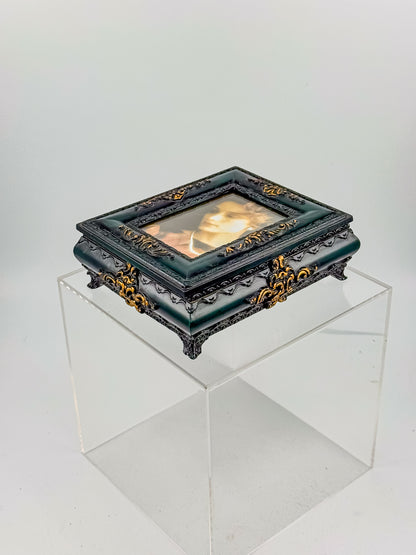 Vintage Florentine Style Ornate Jewelry Box with Built-In Photo Frame Lid, Dark Green Finish and Gold Filigree