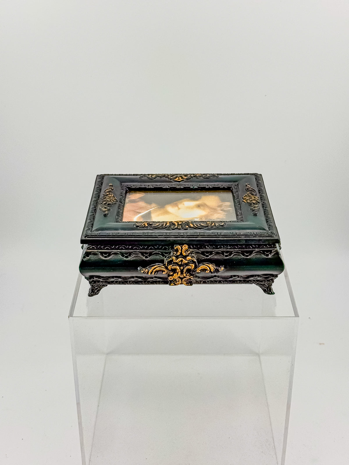 Vintage Florentine Style Ornate Jewelry Box with Built-In Photo Frame Lid, Dark Green Finish and Gold Filigree