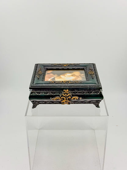Vintage Florentine Style Ornate Jewelry Box with Built-In Photo Frame Lid, Dark Green Finish and Gold Filigree
