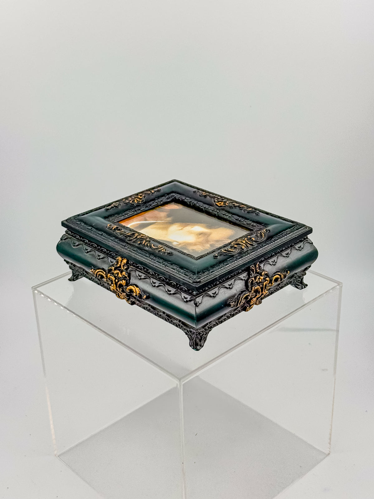 Vintage Florentine Style Ornate Jewelry Box with Built-In Photo Frame Lid, Dark Green Finish and Gold Filigree