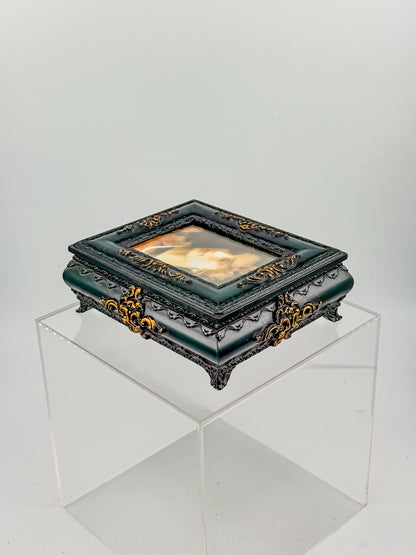 Vintage Florentine Style Ornate Jewelry Box with Built-In Photo Frame Lid, Dark Green Finish and Gold Filigree
