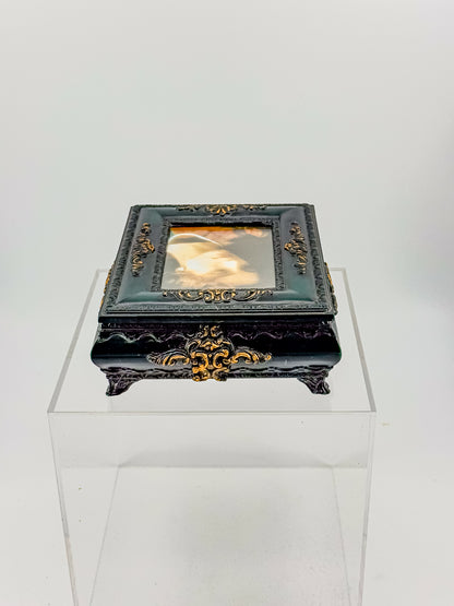 Vintage Florentine Style Ornate Jewelry Box with Built-In Photo Frame Lid, Dark Green Finish and Gold Filigree