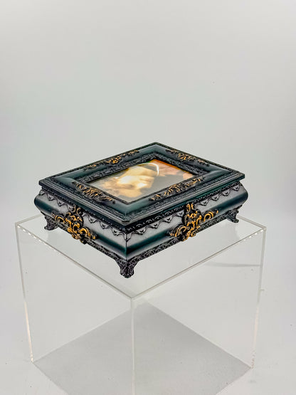 Vintage Florentine Style Ornate Jewelry Box with Built-In Photo Frame Lid, Dark Green Finish and Gold Filigree