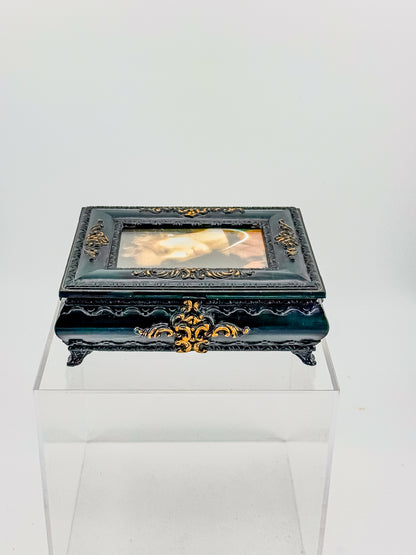 Vintage Florentine Style Ornate Jewelry Box with Built-In Photo Frame Lid, Dark Green Finish and Gold Filigree
