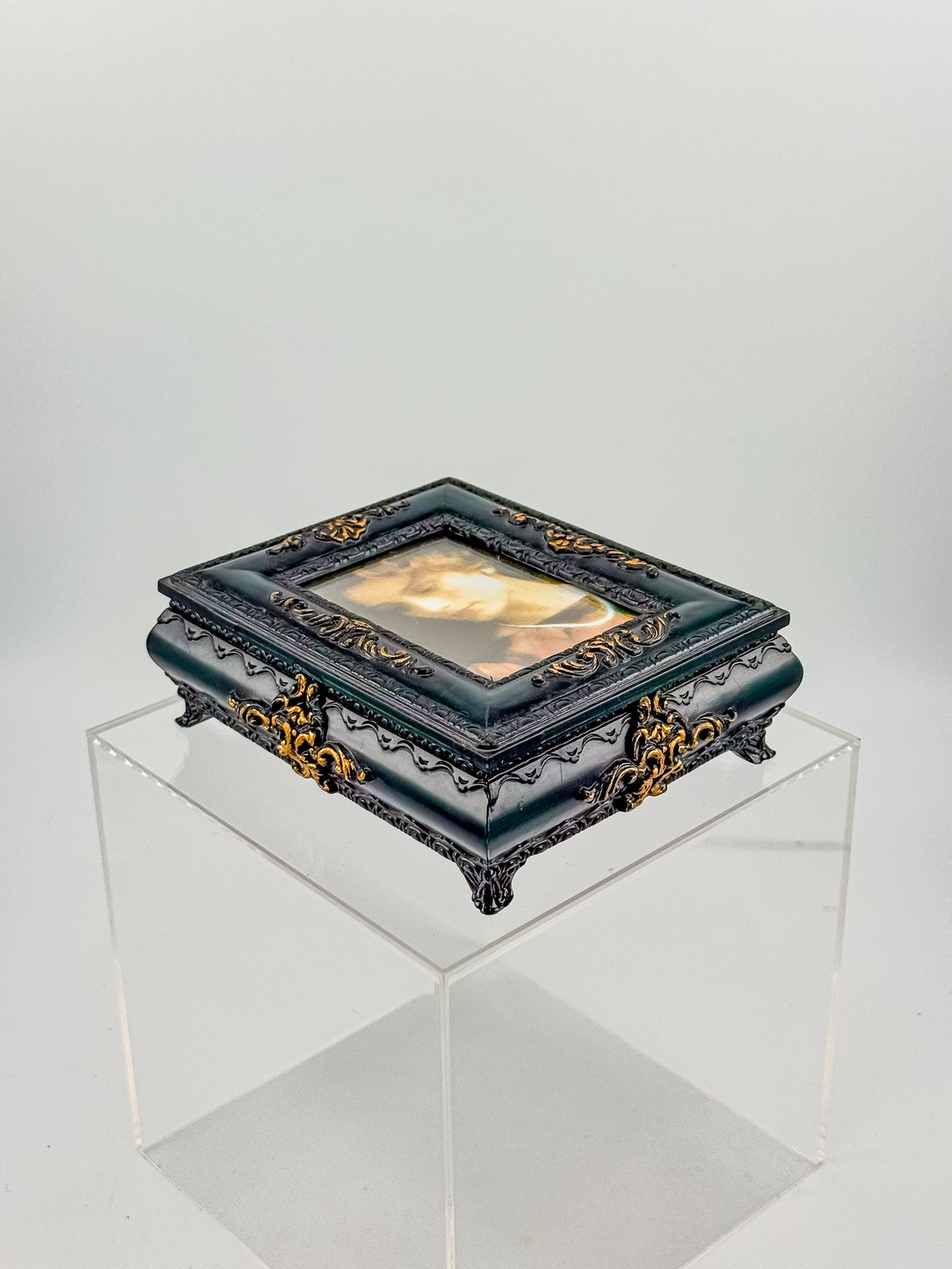 Vintage Florentine Style Ornate Jewelry Box with Built-In Photo Frame Lid, Dark Green Finish and Gold Filigree