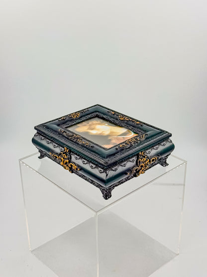 Vintage Florentine Style Ornate Jewelry Box with Built-In Photo Frame Lid, Dark Green Finish and Gold Filigree
