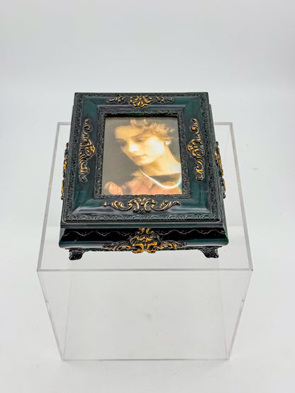 Vintage Florentine Style Ornate Jewelry Box with Built-In Photo Frame Lid, Dark Green Finish and Gold Filigree
