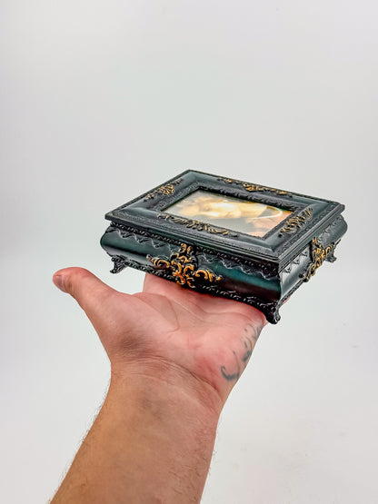 Vintage Florentine Style Ornate Jewelry Box with Built-In Photo Frame Lid, Dark Green Finish and Gold Filigree