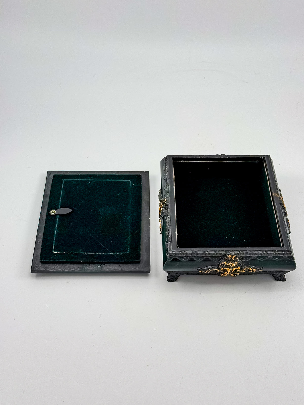 Vintage Florentine Style Ornate Jewelry Box with Built-In Photo Frame Lid, Dark Green Finish and Gold Filigree