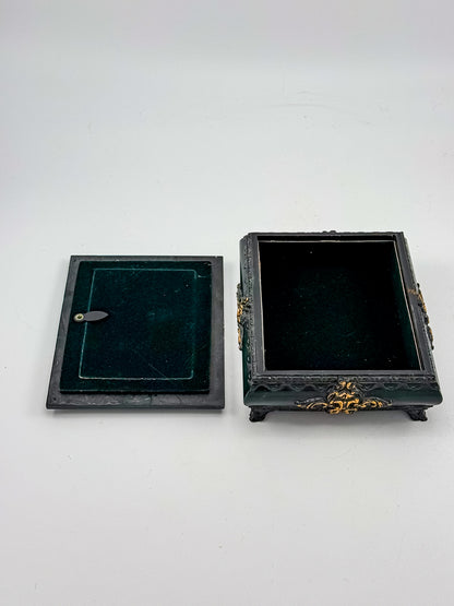 Vintage Florentine Style Ornate Jewelry Box with Built-In Photo Frame Lid, Dark Green Finish and Gold Filigree