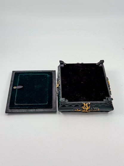 Vintage Florentine Style Ornate Jewelry Box with Built-In Photo Frame Lid, Dark Green Finish and Gold Filigree