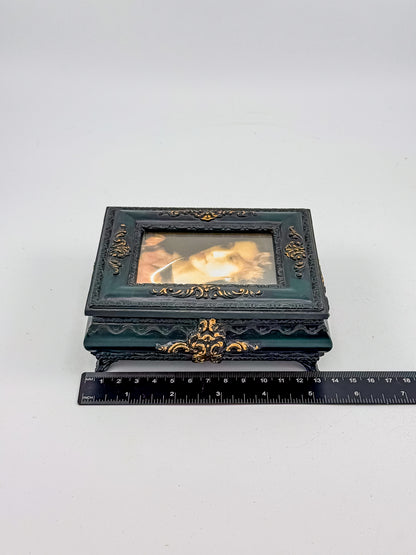 Vintage Florentine Style Ornate Jewelry Box with Built-In Photo Frame Lid, Dark Green Finish and Gold Filigree