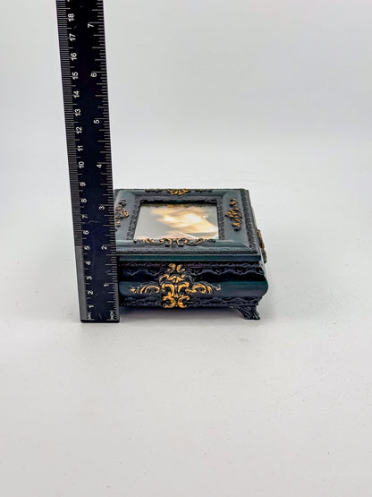 Vintage Florentine Style Ornate Jewelry Box with Built-In Photo Frame Lid, Dark Green Finish and Gold Filigree